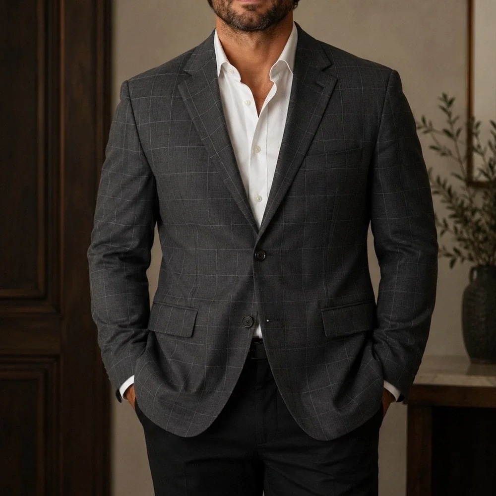 Ralph Lauren Blazer Grey Windowpane Wool 2-Button Professional Old Money 44R